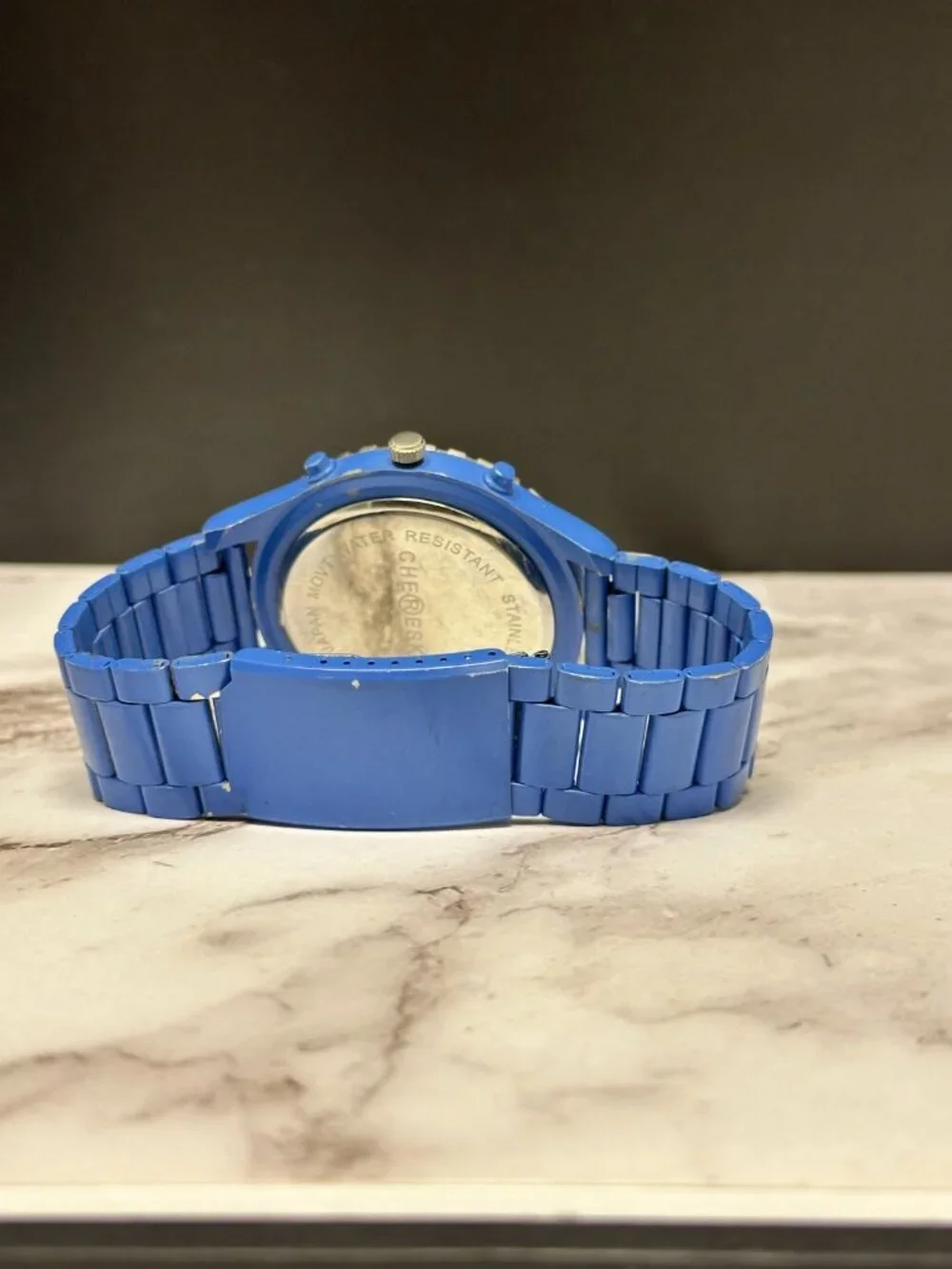 3/$30 Chereskin Watch Men Silver Tone Blue Faux Chrono Dial New Battery 8.75